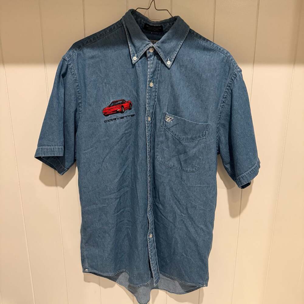 Cutter & Buck Vintage Corvette Embroidered Denim Short Sleeve Button Down Shirt